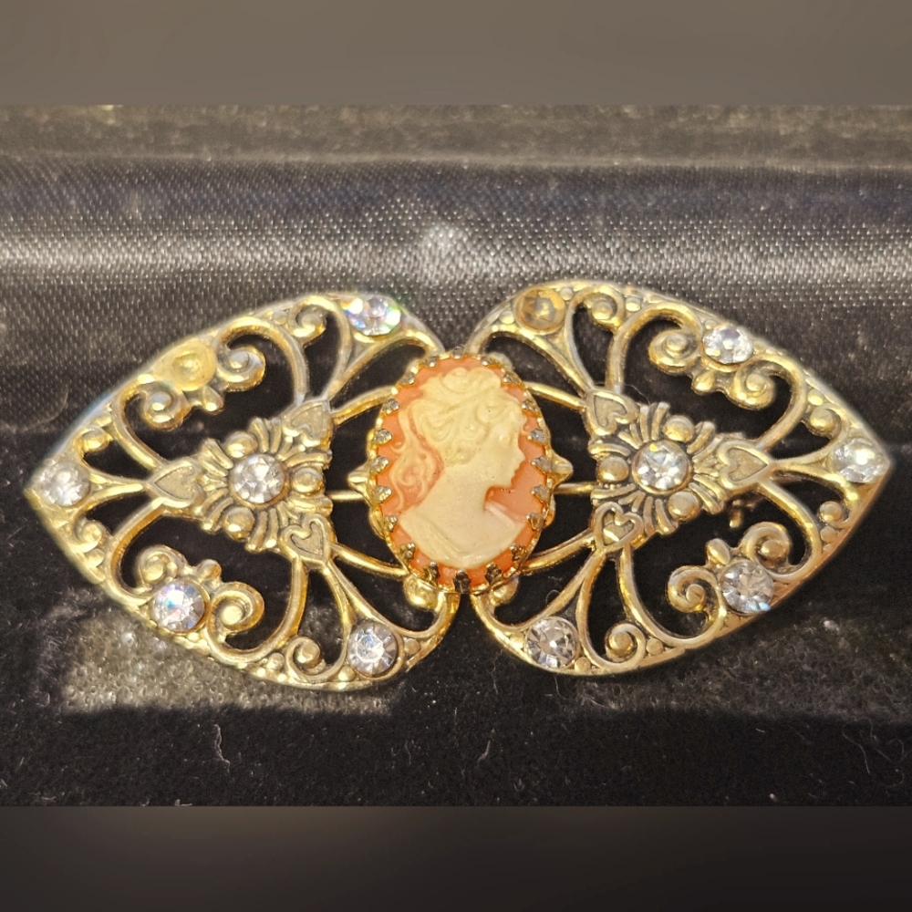 Antique triple plated gold costume coral cameo brooch with filigree